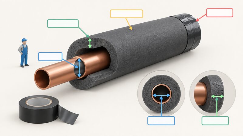A cutaway diagram of a foam insulation tube on a pipe, showing the central bore matching the pipe diameter, the foam wall thickness around it, and one end of the tube closed with tape.