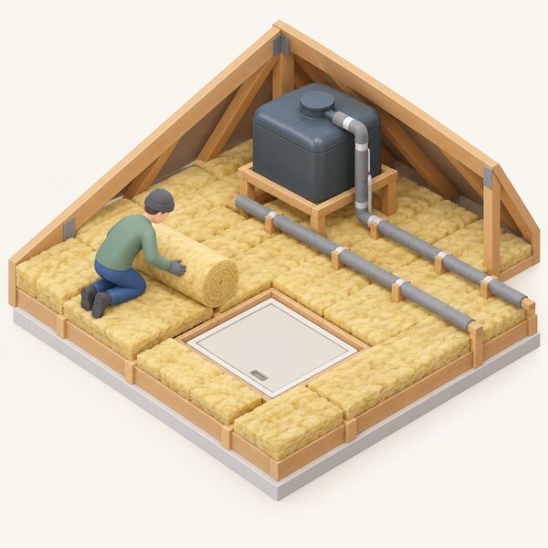 An isometric cutaway of a cold loft showing a draught proofed loft hatch in the ceiling, mineral wool insulation rolled across the joists around the hatch opening, and insulated pipework running to a cold water tank, with a small figure laying a roll.