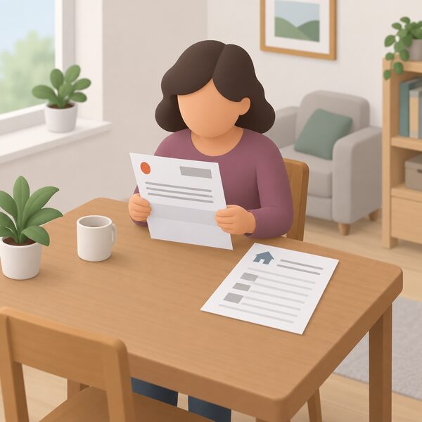 A householder standing at a table in their home holding an opened letter, with a second sheet beside it showing the record of the solid wall insulation installed, by whom and under which scheme, all content as blank lines only.
