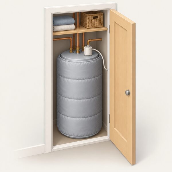 An open airing cupboard door reveals a domestic hot water cylinder fully wrapped in a thick quilted insulation jacket, with pipework entering at the top and an immersion cable, drawn as a simple cutaway interior scene.