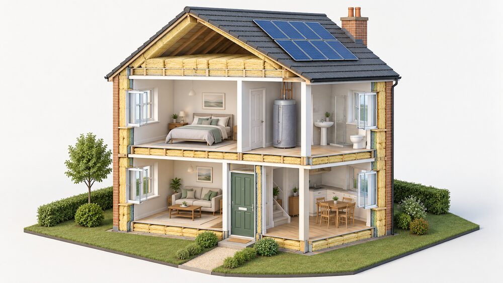 A cutaway of a modest house showing thick insulation laid between and over the loft joists, insulated wall layers in the cut walls, insulated floor, double-glazed windows and a draught-sealed front door, with a small solar array on the roof above.
