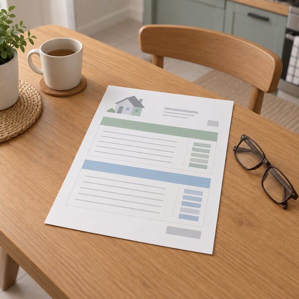 A printed paper quote lying on a kitchen table beside a folded pair of reading glasses, its page divided into two plain sections headed by blank colour bands for materials and for labour, with blank ruled lines and simple blocks standing in for the figures, no readable text or numbers anywhere.