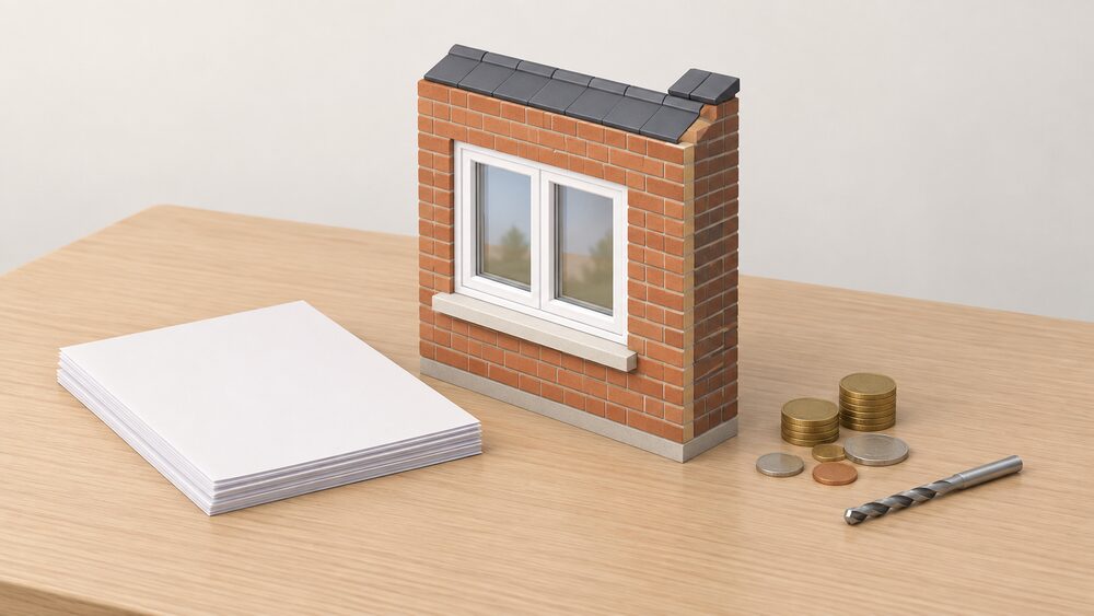 A small model of a semi-detached brick house wall with a double-glazed window stands on a table beside a stack of blank paperwork, a handful of coins and a small drill bit, suggesting the quoted cost of insulation and glazing work.