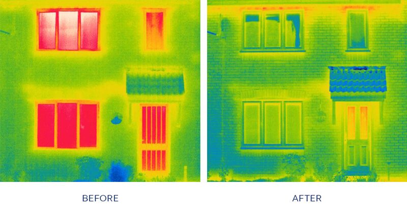 Thermal camera images of a house facade before and after window replacement, showing reduced heat loss through the new windows