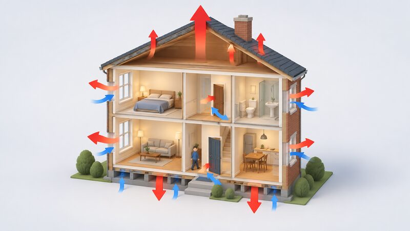 A cutaway of a simple two-storey house showing warm interior with red arrows escaping through the roof, walls, floor, windows and gaps around doors, and blue arrows of cold air entering through gaps.