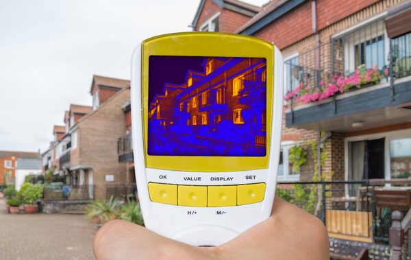 A hand holding a thermal imaging camera in front of brick terraced houses, its screen showing a heat image of the homes