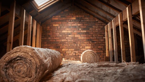 Rolls of mineral wool loft insulation laid between wooden joists in an unfinished loft with a brick gable wall and skylight