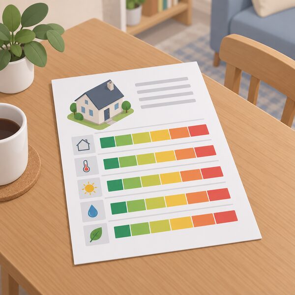 A reformed energy performance certificate document lying on a table in a home, drawn as a physical sheet with several separate rating bands shown as plain colour blocks on an A-G style scale, including a heat retention rating, with no readable words or numbers.