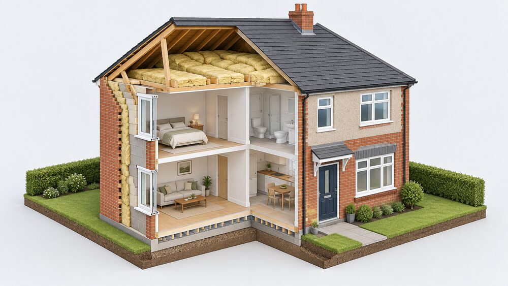 A cutaway of a small UK semi-detached house showing the building envelope: a thick blanket of loft insulation laid between and over the joists in the roof space, a cavity wall with its two brick leaves and a filled gap, double-glazed windows in the walls, and a draught-excluder strip sealed along an external door.
