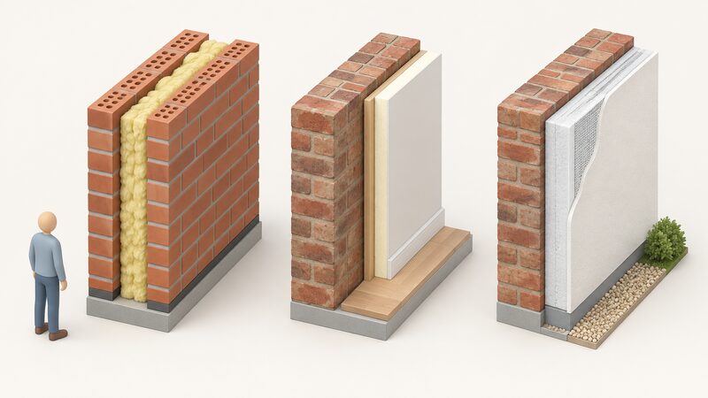Two side-by-side cutaway wall sections: one showing a cavity wall's two brick leaves with the gap between them filled with insulation material, the other a single-layer solid wall shown twice, once with insulation board on its inner face and once with insulation and render on its outer face.