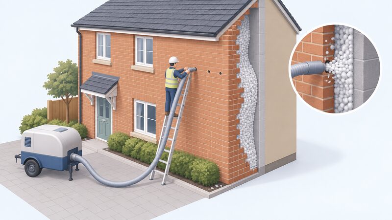 An installer on a ladder outside a house injects insulation through a drilled hole in the external brick wall, with a hose from a blowing machine at ground level, while a cutaway reveals the material filling the wall cavity behind the bricks.