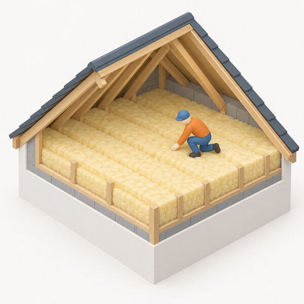 A loft space shown in cutaway with a deep, even layer of insulation laid between the joists and continued over the top, with a small isometric figure inspecting the coverage.