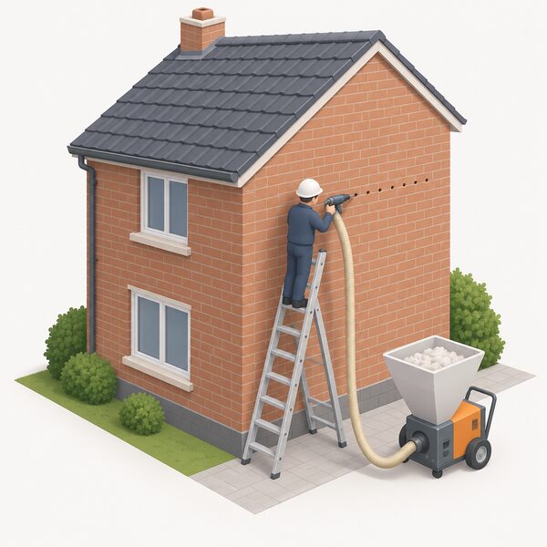 A technician on a ladder at the outside wall of a brick house drills a row of small holes while an injection hose feeds insulation into the cavity, with a hopper or blowing machine standing beside them on the ground.