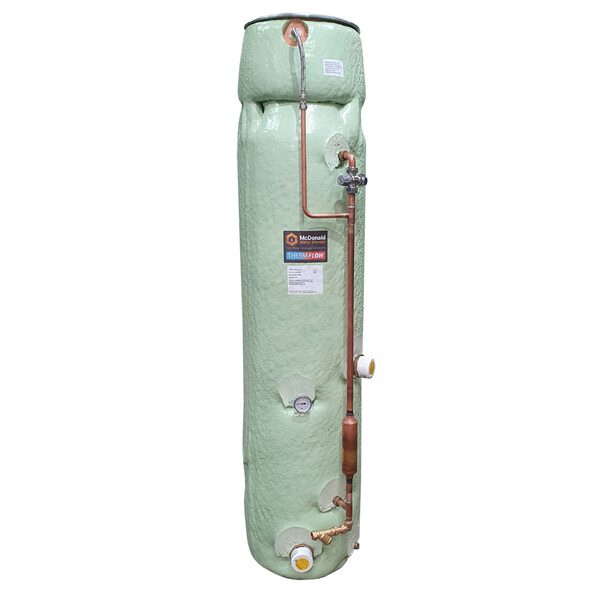 A slimline McDonald Water Storage ThermFlow hot water cylinder with foam insulation and copper pipework, on a white background