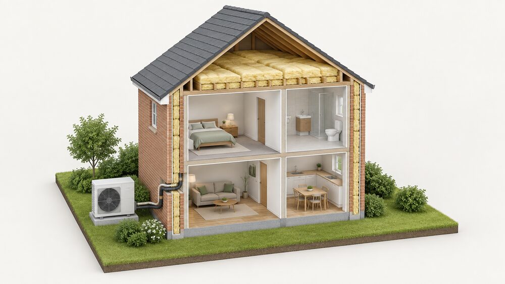 A cutaway of a small house showing loft insulation laid between and over the joists, insulated cavity walls, an air source heat pump unit standing outside on the ground, and insulated refrigerant pipework running from the unit through the external wall into the building.