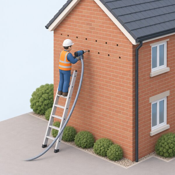 An installer on a ladder at the outer brick leaf of a house drills a pattern of small injection holes through the brickwork into the cavity, with a hose from the drilling machine leading into one hole so insulation can be blown in from outside.