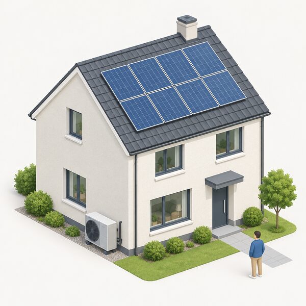 A simplified isometric cutaway of a demonstration house showing thick external wall insulation on its walls, new replacement windows, solar panels on the pitched roof, and a heat pump unit outside, with a small figure of a visitor looking at the finished home.