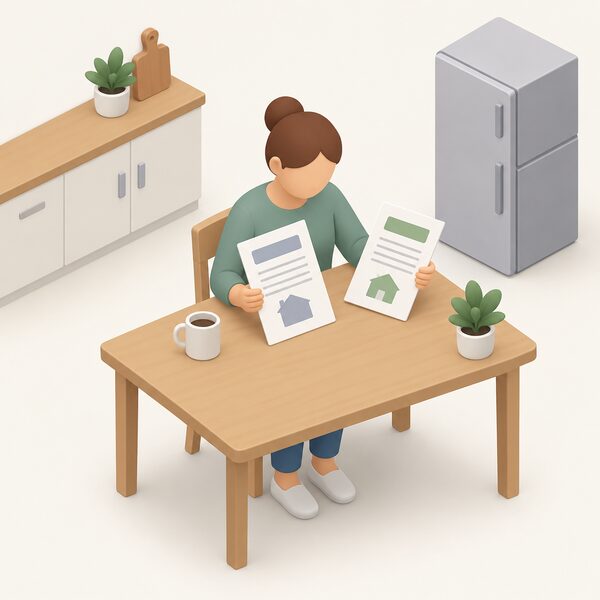A householder standing at a kitchen table comparing two paper documents recording the insulation installed, one set out before the work and one after, each shown with blank lines and plain blocks so no words or figures are readable.