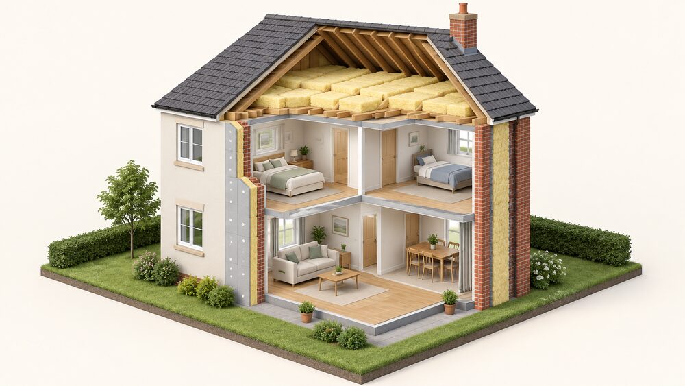 A cutaway of a detached house showing its roof space with thick insulation laid between and over the joists, an external wall with a visible added insulating layer on the outside, and a cavity wall section with the gap between two brick leaves filled, all under one roof.