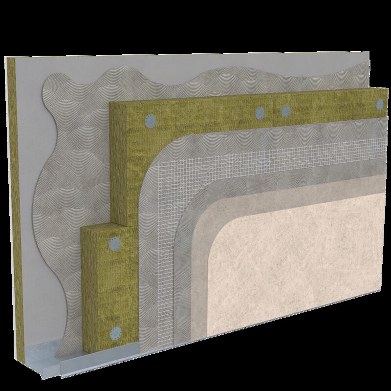 A 3D cutaway diagram of external solid wall insulation layers, showing mineral wool boards, mesh reinforcement and render build-up on a wall