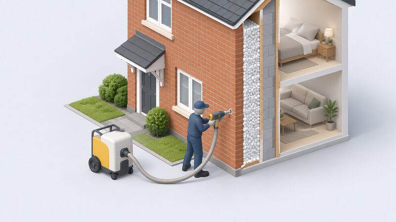 A simplified isometric installer in plain work clothing drills into the external brickwork of a house wall and injects cavity wall insulation, with a small injection unit and hose beside them on the ground outside the property.