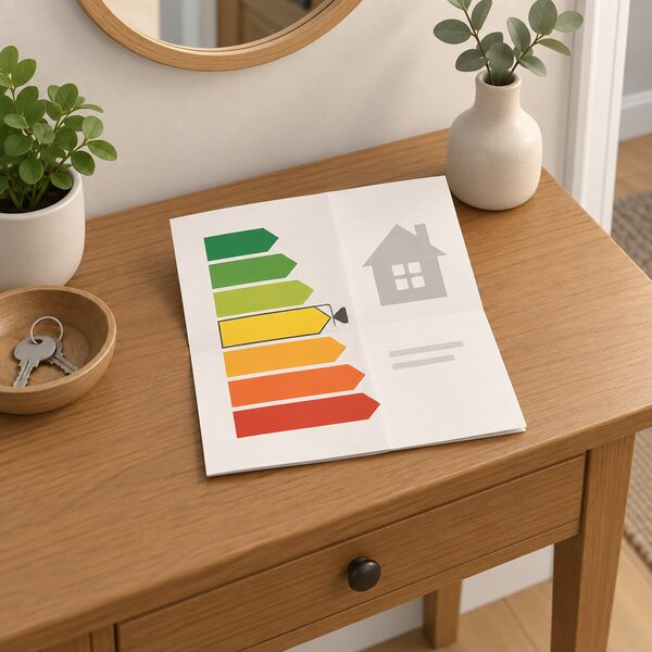 A folded EPC energy rating certificate lying on a hall table in a home, drawn as a physical document with its familiar vertical column of coloured A to G rating bands, one band highlighted to show the home's rating, with no readable words or numbers anywhere on it.