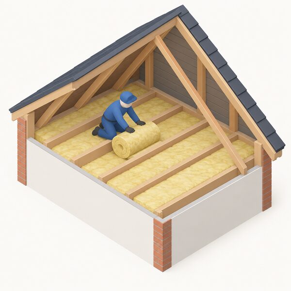 A cross-section view of a home loft showing a small isometric figure kneeling between the joists, unrolling a roll of mineral wool insulation to lay it neatly between the joist spacings over the ceiling below, with the pitched roof and rafters around it.