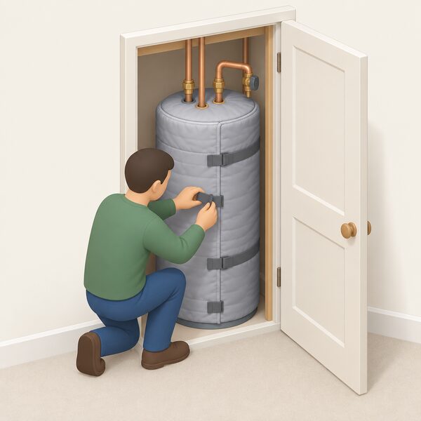 A domestic hot water cylinder fitted with a thick quilted insulation jacket, shown in an airing cupboard with its pipework emerging from the top, with a simplified isometric figure adjusting the jacket's fastenings to show the fully funded additional measure being installed.