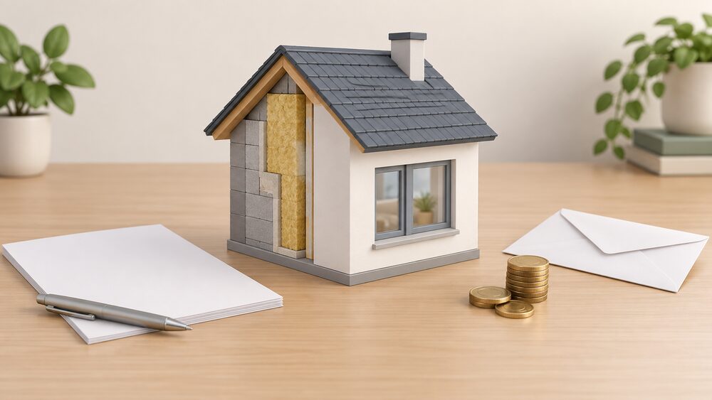 A small model house with a cutaway wall showing thick insulation and a double-glazed window pane, standing on a table beside blank application paperwork, a sealed envelope and a small stack of coins.