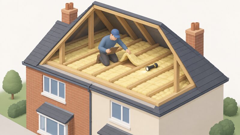 A simplified isometric surveyor figure in plain clothing stands in the loft of a semi-detached house, lifting a section of quilt insulation between joists to inspect its depth, with a clipboard in hand and a torch resting on a joist nearby.