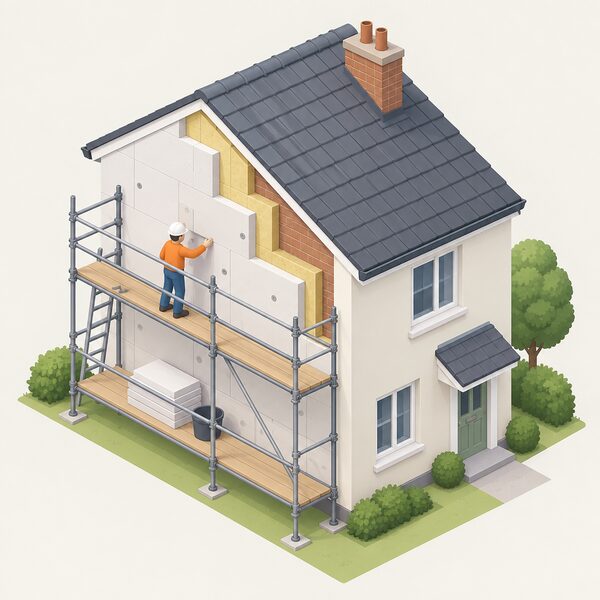 A small isometric house with scaffolding against one external wall, where a simplified worker in plain clothing fixes insulation boards to the outside of the solid wall, with a section of the wall cut away to show the new insulation layer behind the boards.