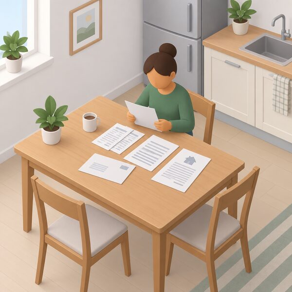 A kitchen table in a home with wage slips, a tenancy agreement and a letter laid out as physical papers, with a simplified figure seated checking them, showing the documents that prove income and tenure for a grant application.