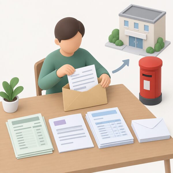 A simplified isometric figure at a table placing a completed application form, shown with blank lines only, into an envelope together with supporting documents such as wage slips, a benefits award letter and bank statements, ready to post to the local Grant Office.