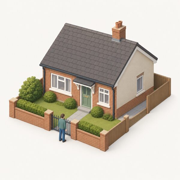 A simple detached private house shown from outside, with a small isometric householder figure standing at the front gate looking at the home, suggesting a modest low-income dwelling that an energy efficiency fund could help improve.