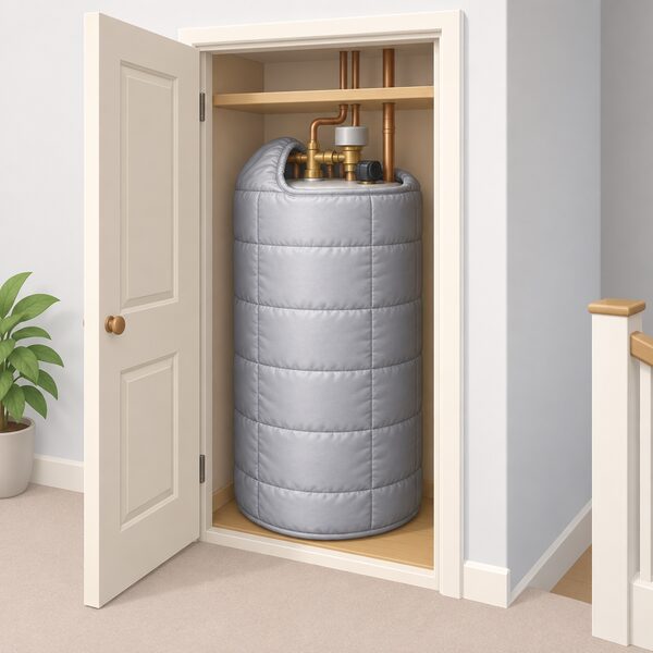 A domestic hot water cylinder standing in an airing cupboard, fully wrapped in a thick quilted insulated jacket with a small opening for controls, shown as a simple cutaway interior scene.