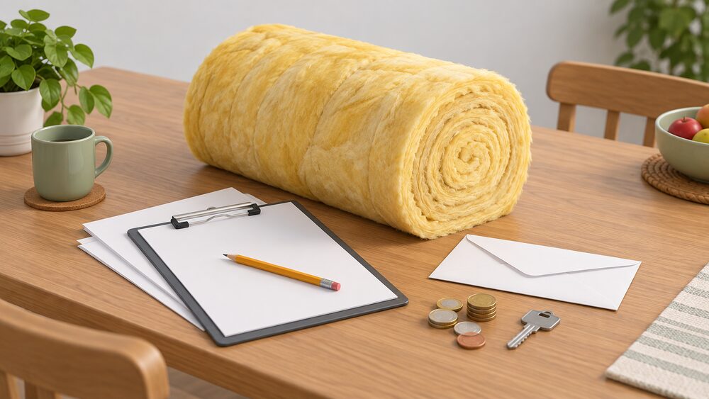 A thick roll of yellow loft insulation lying on a kitchen table beside blank application paperwork, a sealed envelope, a house key and a small pile of coins, with a clipboard and pencil resting on top of the forms.