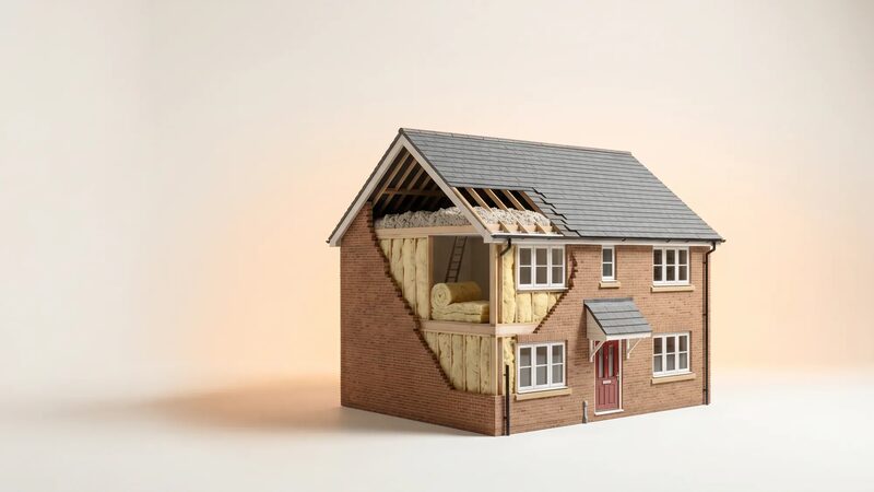 A cutaway model of a brick house showing loft and wall insulation
