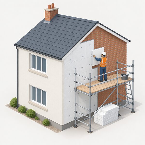 A contractor on a scaffold outside a solid wall home fixes insulation boards to the external brickwork, with one section of the wall already covered and rendered and another still bare, showing the work in progress.