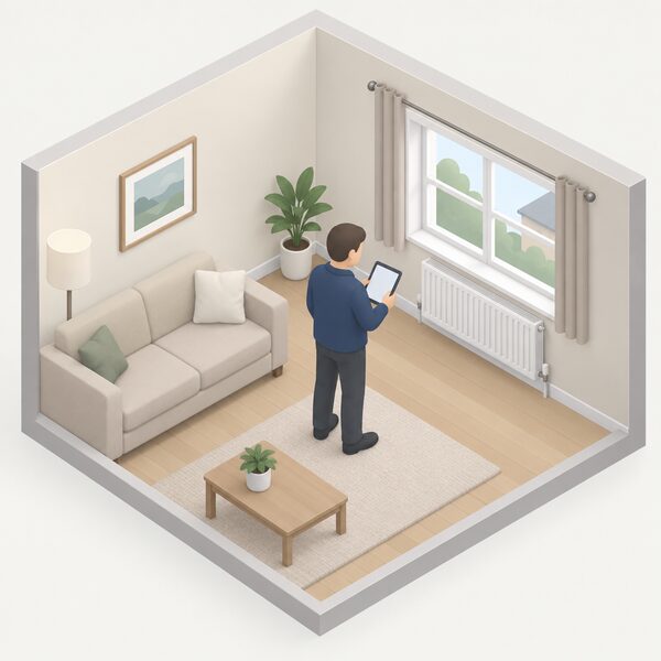 A surveyor standing inside a home's living room holding a tablet, recording details of the room's walls, windows and heating as part of an rdSAP energy assessment survey.