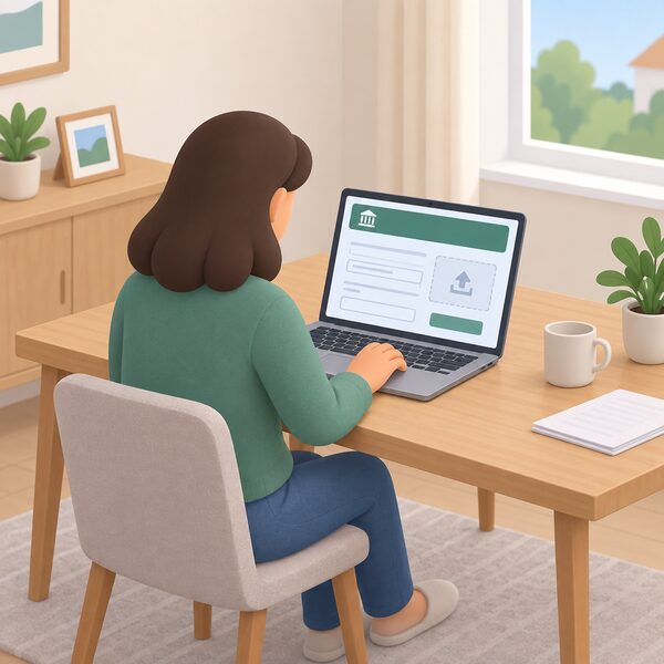 A homeowner at a table in their home using a laptop whose screen shows a council website application page with blank form fields and an upload area, applying directly for the Warm Homes Local Grant.