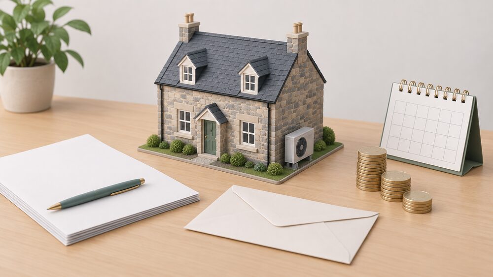 A small model of a stone Scottish house with a thick layer of loft insulation and a heat pump unit at its side, standing on a table beside blank application paperwork, a sealed envelope, a stack of coins and a small calendar.