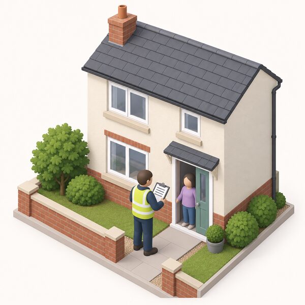 A Retrofit Coordinator stands outside a Welsh house at the front door, holding a clipboard and inspecting the exterior walls and windows while the homeowner greets them, marking the first assessment step of the funded process.