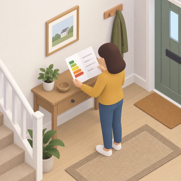 A folded energy performance certificate lying open on a hall table in a Welsh home, its front page showing a plain colour rating band and blank lines, with a small isometric figure of a householder holding it and reading the rating before applying to a scheme.