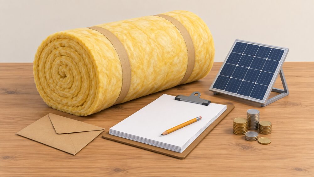 A thick roll of yellow loft insulation lying on a wooden table beside a small model of a rooftop solar panel, a stack of blank application paperwork with a clipboard and pencil, a brown envelope, and a small pile of coins.