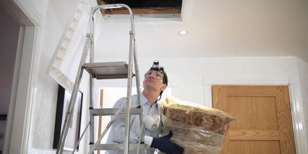 A man wearing a head torch, goggles and gloves carries a roll of loft insulation up a ladder to an open loft hatch in a house