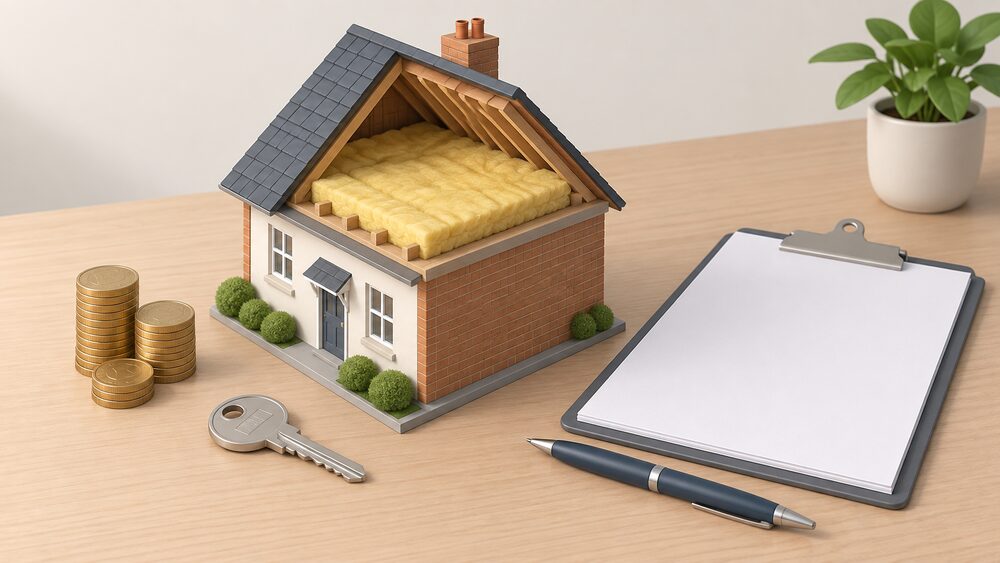 A small cutaway model of a house with a thick layer of insulation laid over the loft floor sits on a table beside blank consent paperwork, a pen, a house key and a stack of coins, representing a tenant asking a landlord for funded insulation work.