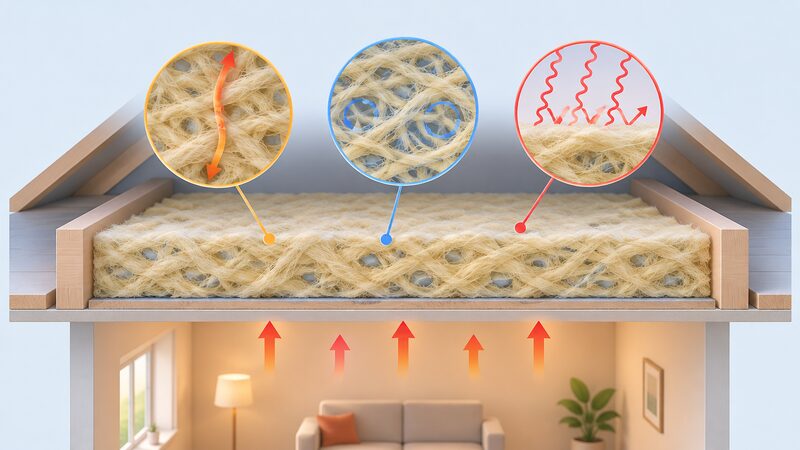 A cutaway diagram of a fibrous insulation quilt between a warm room below and a cooler space above, showing tangled fibres with still air pockets trapped between them and three labelled-by-style heat paths: arrows passing slowly through the solid fibres, small circulating loops stopped by the fibre matrix, and wavy rays blocked by the quilt.