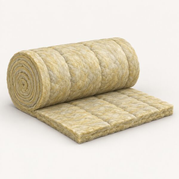 A roll of mineral wool quilt insulation lying flat on a plain floor, shown as a soft fibrous blanket partly unrolled so its thickness and quilted texture are visible, with no other materials or equipment in the scene.