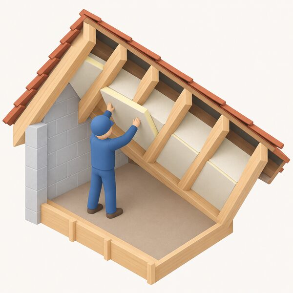 A cutaway view of a pitched roof showing a thin rigid PIR insulation board fitted snugly between shallow timber rafters, with a simplified isometric figure pressing a cut board into place between the rafters beneath the sloping roofline.