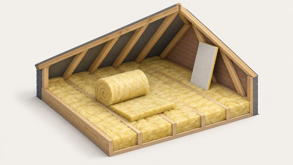 A loft space by daylight with a thick yellow glass mineral wool quilt laid between and over the timber joists, a roll of the same quilt partly unrolled beside it, and a thin rigid PIR board leaning against the sloping roof timbers for comparison.